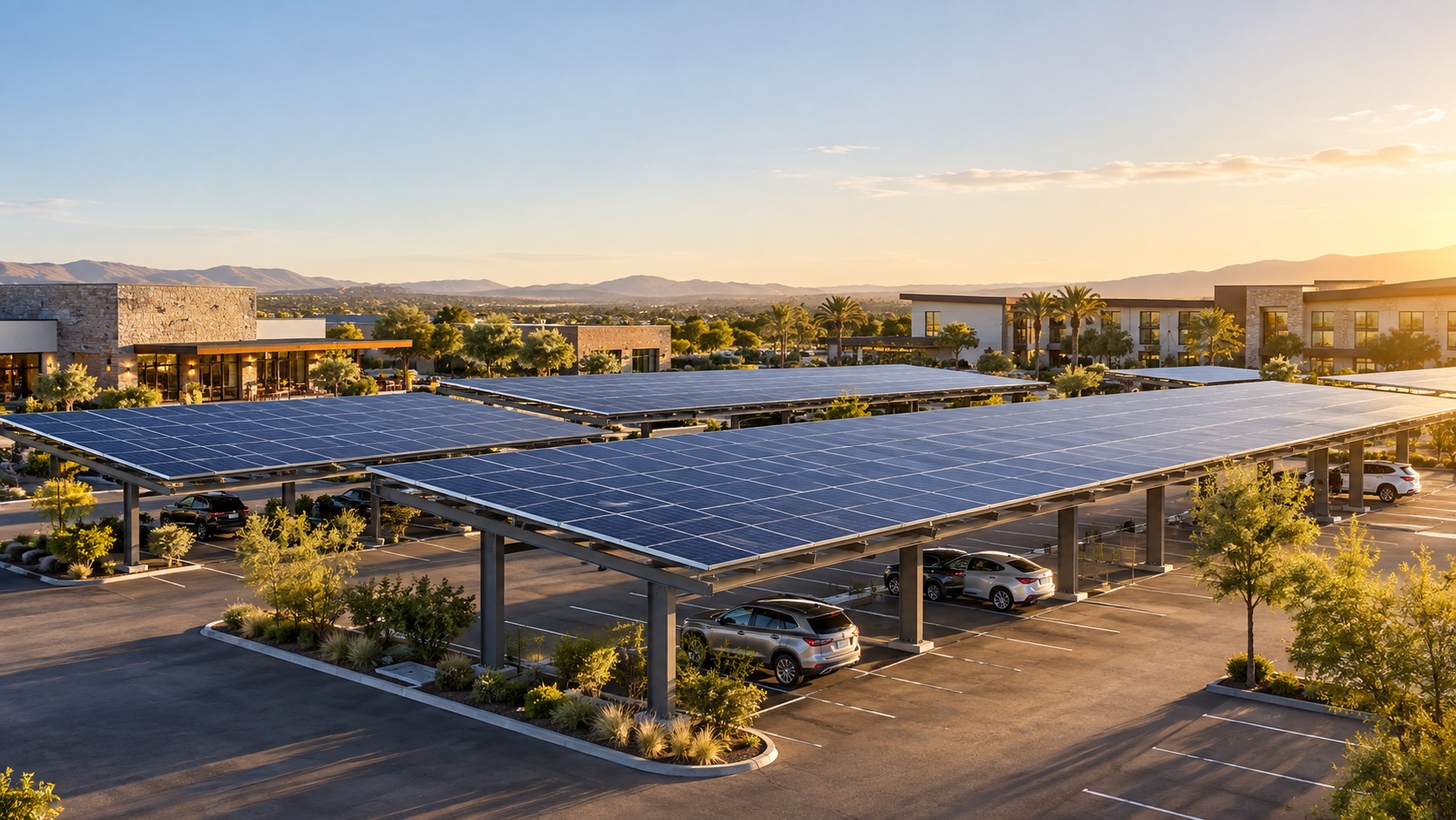 Concept visualization of commercial solar carports at golden hour; not an actual installation