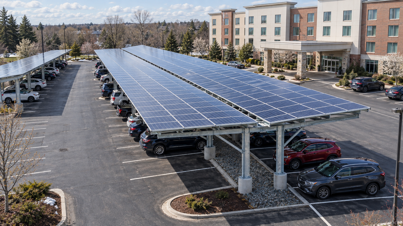 Solar carport illustration showing rows of covered parking beside a hotel